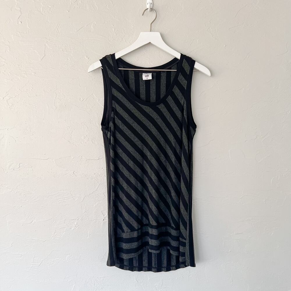 CAbi Edgy Minimalist Striped Tunic Tank Black Gray Asymmetrical Medium